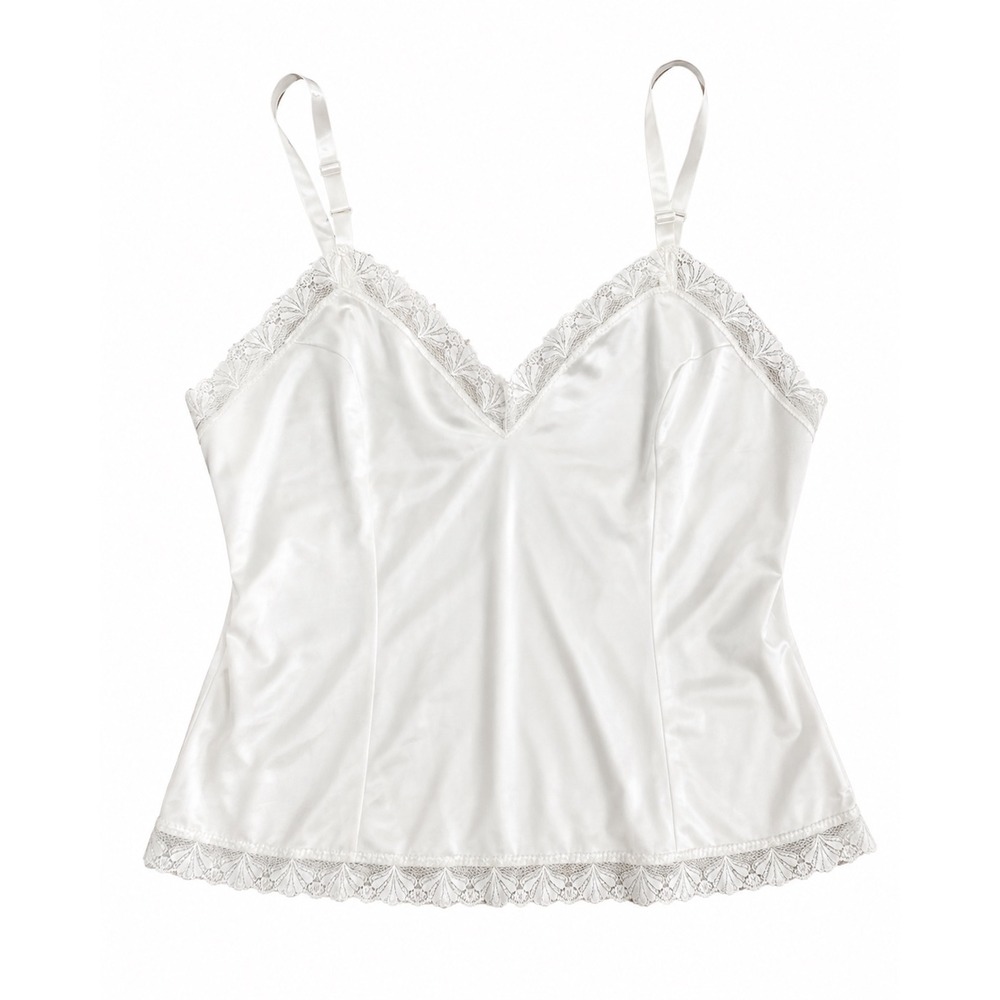 Vintage 80s White Nylon Lace Camisole Lingerie Top Made in USA Large